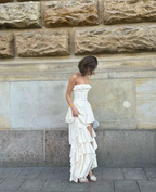 Elegant Strapless Satin Layered Slit Evening Dress,Formal Ivory Prom Dress Wedding Dress Y8247 by simplepromdress