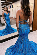 Blue Sequins Applique Prom Dress Mermaid Sleeveless Spaghetti Straps by BIZTUNNEL