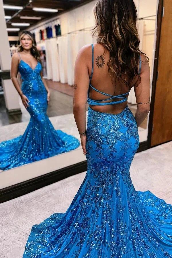 Blue Sequins Applique Prom Dress Mermaid Sleeveless Spaghetti Straps by BIZTUNNEL