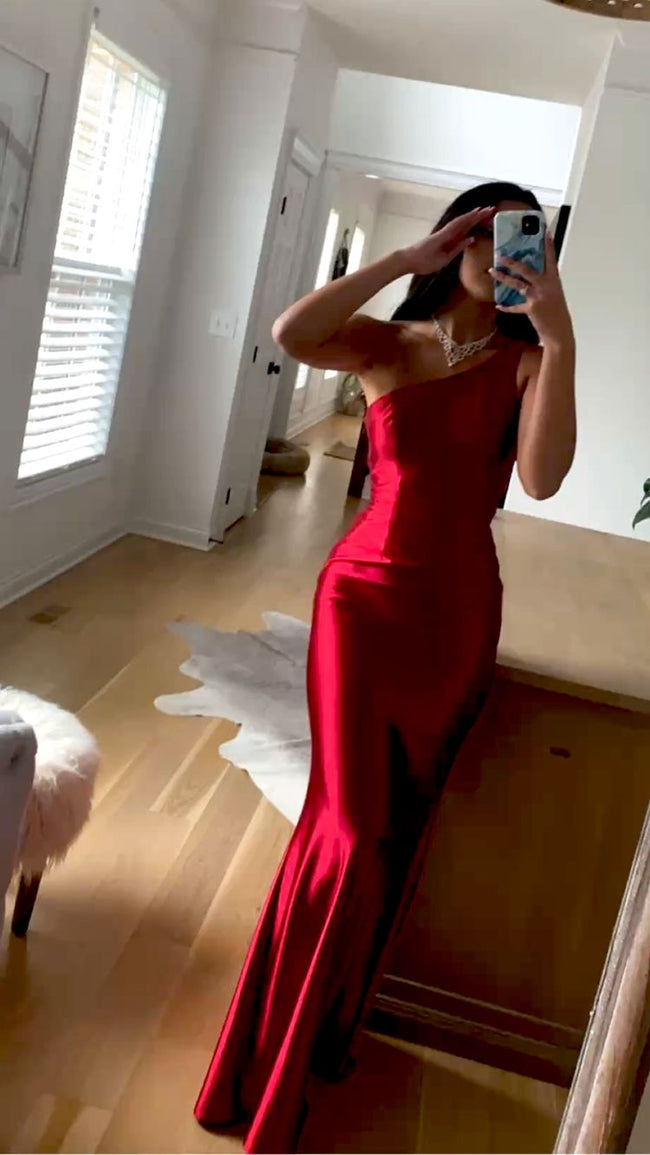 One Shoulder Red Satin Long Prom Dress Glamorous Evening Dress Y431 Hover Image
