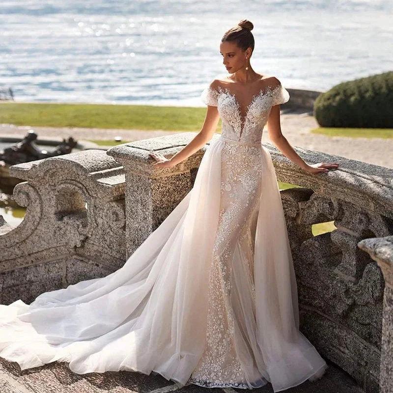 Luxury Detachable 2 In 1 Wedding Mermaid Dress Embroidered Lace On Net With Square Collar Sleeveless Bride Gowns Vestido De Novi by payinti