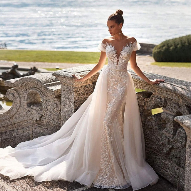 Luxury Detachable 2 In 1 Wedding Mermaid Dress Embroidered Lace On Net With Square Collar Sleeveless Bride Gowns Vestido De Novi Hover Image