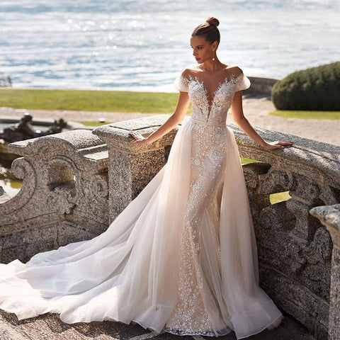 Luxury Detachable 2 In 1 Wedding Mermaid Dress Embroidered Lace On Net With Square Collar Sleeveless Bride Gowns Vestido De Novi