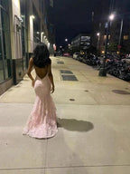 Romantic Pink Backless Sleeveless Lace Mermaid Evening Dresses with Train Y1490 by simplepromdress
