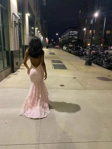 Romantic Pink Backless Sleeveless Lace Mermaid Evening Dresses with Train Y1490 by simplepromdress