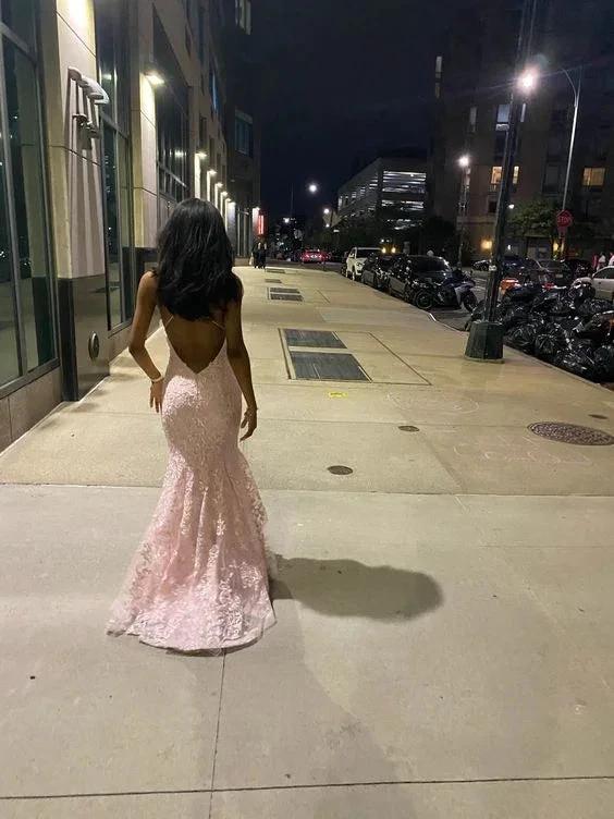Romantic Pink Backless Sleeveless Lace Mermaid Evening Dresses with Train Y1490 by simplepromdress