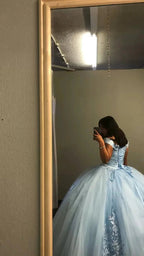 Off The Shoulder Blue Tulle Lace Quince Dress,Puffy Blue Ball Gown Sweet 16 Dress Y1499 by simplepromdress
