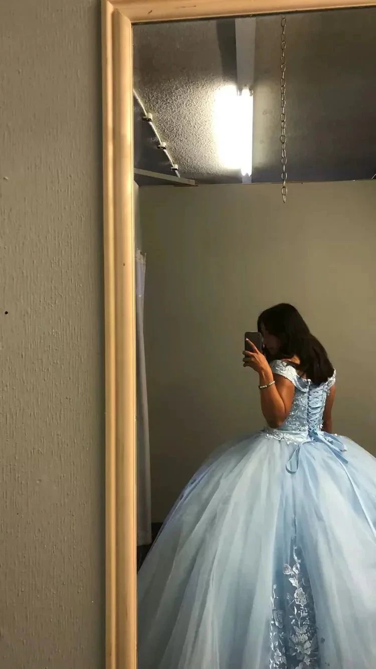 Off The Shoulder Blue Tulle Lace Quince Dress,Puffy Blue Ball Gown Sweet 16 Dress Y1499 by simplepromdress