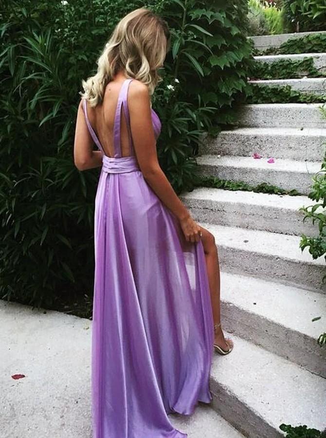 Sexy Deep V Neck Silk Satin Prom Dress A Line Backless Pleated Evening Dress Y1503 by simplepromdress