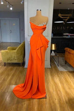 Sequined Strapless Orange Mermaid Draped Satin Long Prom Dress by BIZTUNNEL
