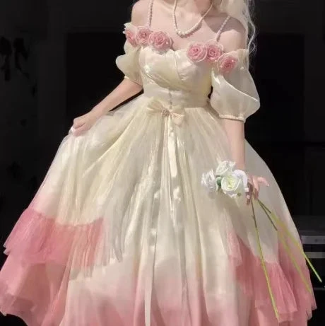 Roses Flowers Masquerade Prom Dress Champagne Pink Gradient Floral Wedding Dress Vintage Princess Dress with Pearls Y2401 by simplepromdress
