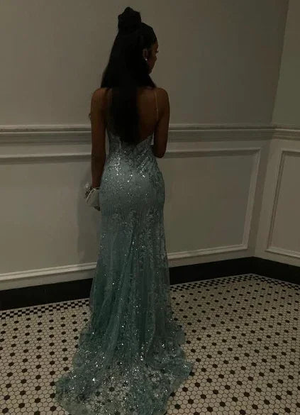 Charming Spaghetti Straps Lace Appliques Evening Dress Mermaid Prom Dress Y7921 by simplepromdress