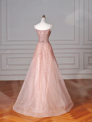 Glitter Pink Tulle Sequins Beaded Prom Dress Spaghetti Straps A Line Evening Dress Y8619