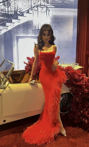 Sexy Mermaid Straps Red Prom Dress With Feathers,Long Evening Dress Y7901 by simplepromdress