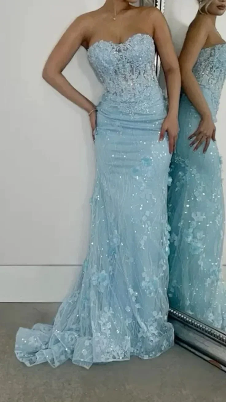 Sparkly Blue Mermaid Tulle Appliques Evening Gown Formal Prom Dress Y7871 by simplepromdress