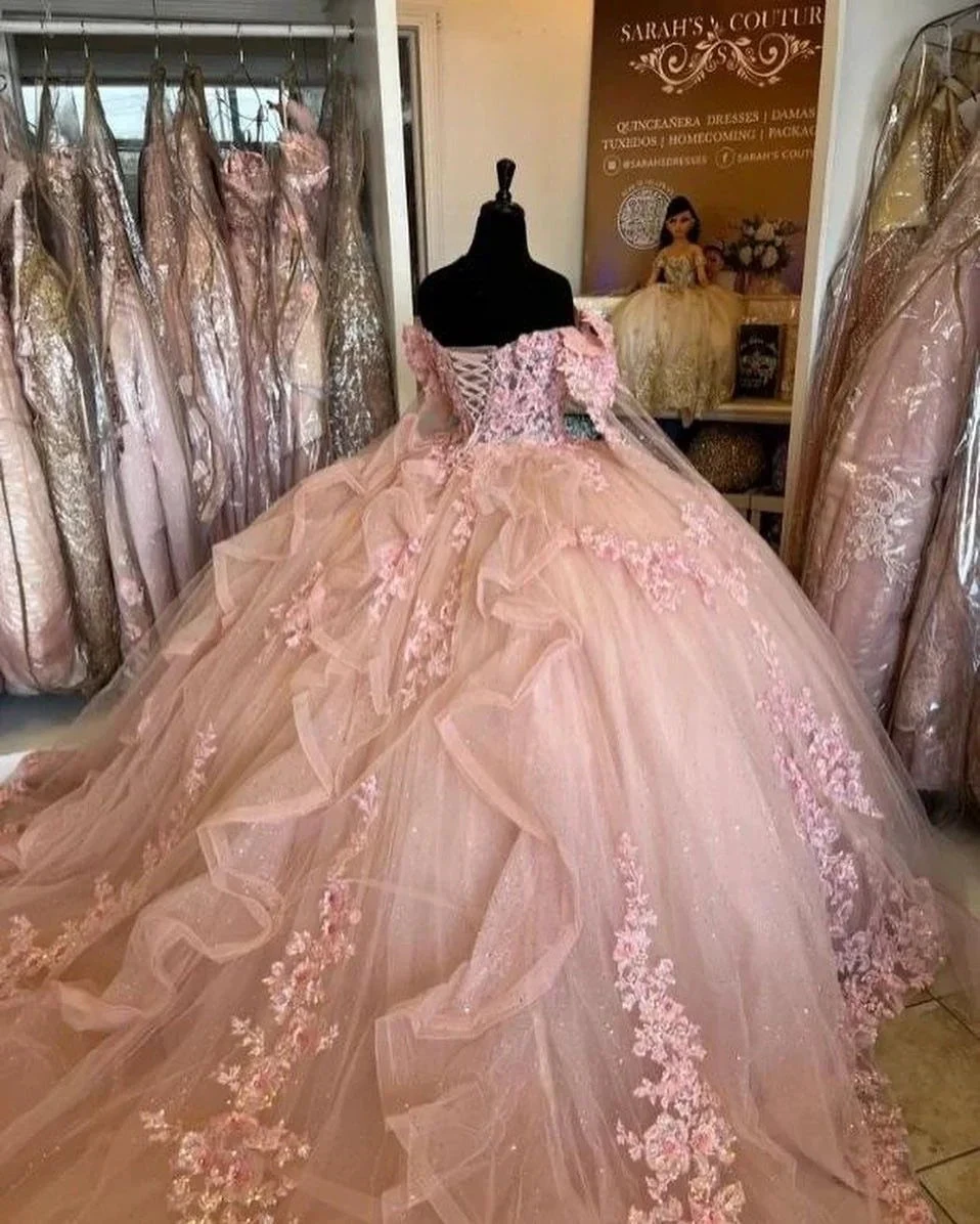 Pink Quinceanera Dresses Off Shoulder Flowers Lace Appliques Beaded Puffy Party Princess Sweet 16 Ball Gown Y2936 by simplepromdress