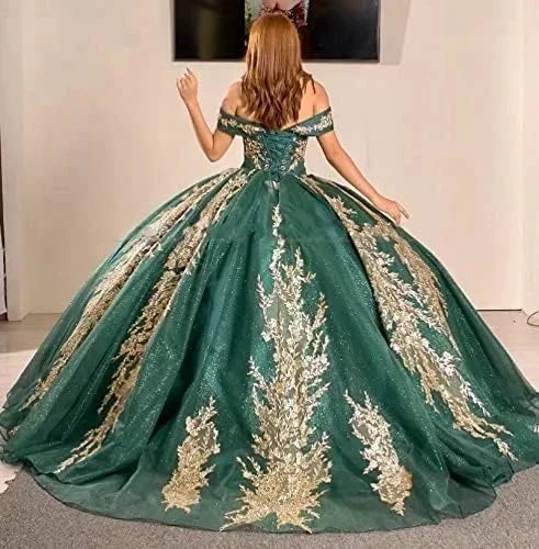Dark Green Sweet 15 Quinceanera Dresses with Gold Applique Sequin Ball Gown Sweep Train Y962 by simplepromdress