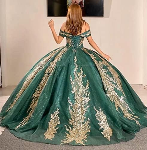 Dunkelgrüne Quinceanera Kleider mit goldenen Paillettenapplikationen und Schleppe Y962