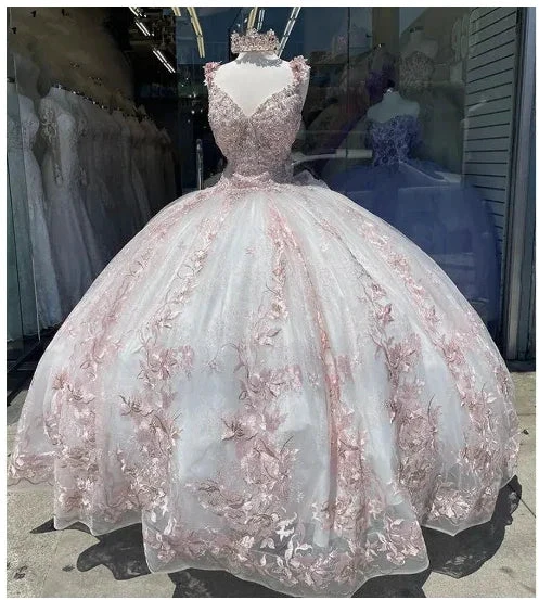 Princess Quinceanera Dress Ball Gown Flowers Appliques Pink White Sweet 16 Party Dress Y6301 by simplepromdress