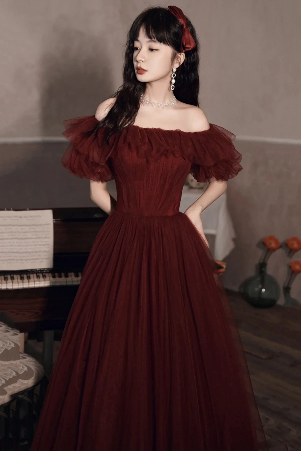 Burgundy Off The Shoulder Tulle Line Prom Dress Evening Dress Y8351 by simplepromdress