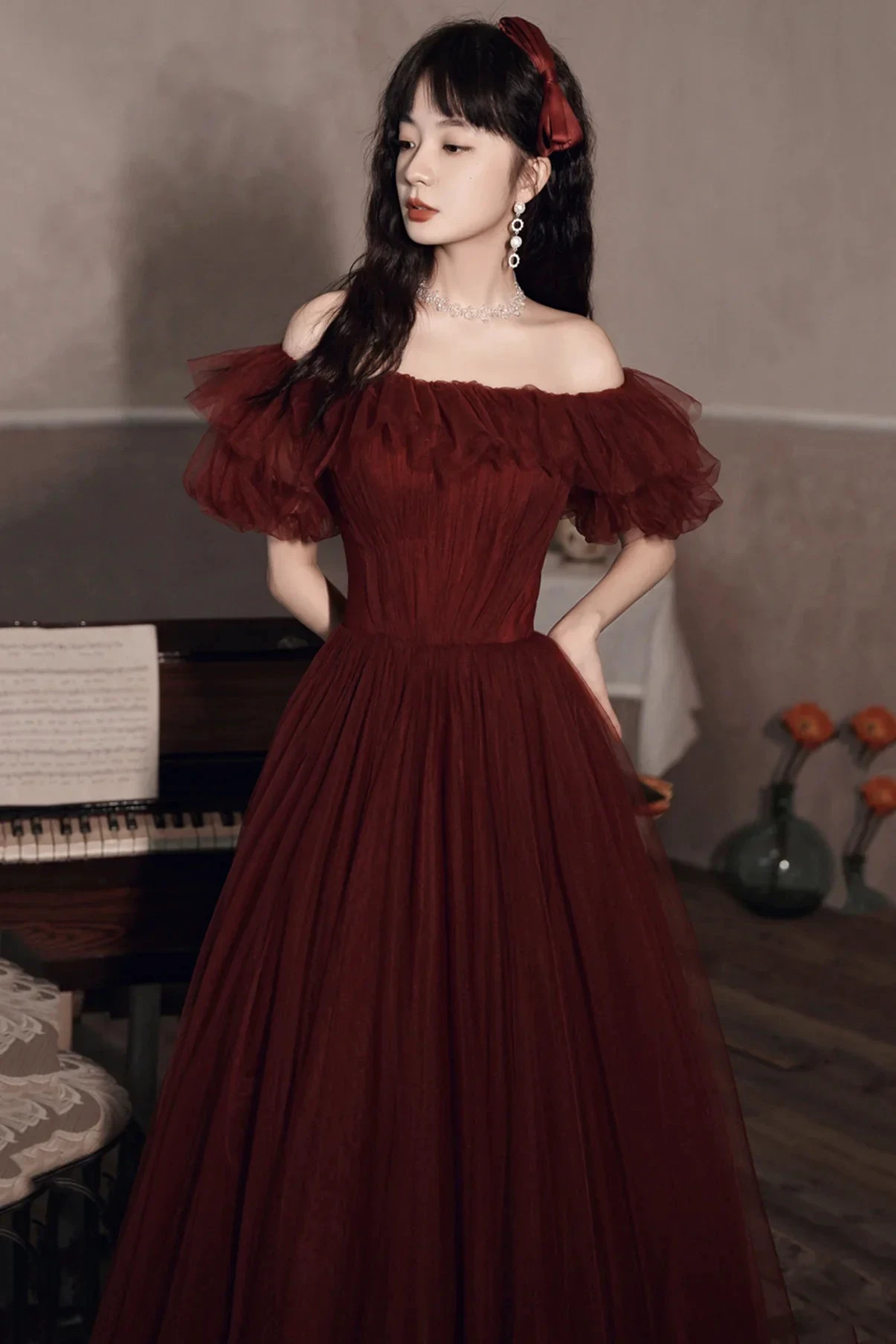 Burgundy Off The Shoulder Tulle Line Prom Dress Evening Dress Y8351 by simplepromdress
