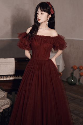 Burgunderrotes schulterfreies Tüll-Ballkleid Abendkleid Y8351