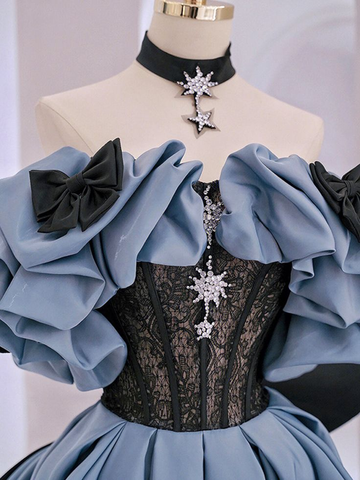 Blue Satin Lace Long Prom Dress Off Shoulder Evening Dress Y5621