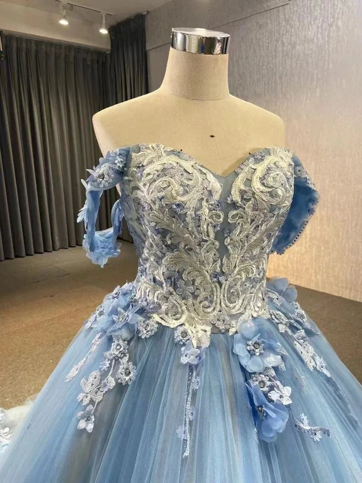 Blue Off The Shoulder Lace Tulle Ball Gown,Sweet 16 Dress Y6855 by simplepromdress