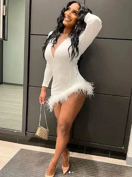 Solid Plunge Fluffy Irregular Party Dress White Dresses Sexy White Homecoming Dress Y332 by simplepromdress