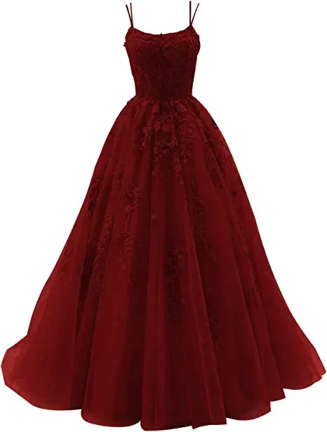 Spaghetti Strap Prom Dress Lace Appliques Wedding Tulle Long Dress Princess Formal Evening Gowns Y1202 by simplepromdress