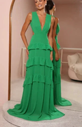 Emerald Green Deep V Neck Layered Ruffles Evening Dress Backless Long Prom Dress Y8386 by simplepromdress