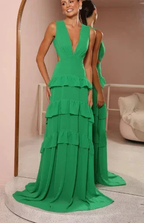 Emerald Green Deep V Neck Layered Ruffles Evening Dress Backless Long Prom Dress Y8386 by simplepromdress