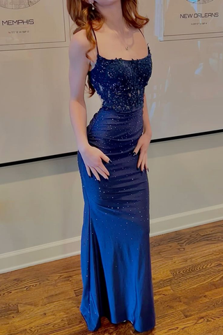 Sexy Blau Spaghettiträger Applikationen Meerjungfrau Schlitz Abendkleid Ballkleid Y7827