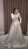Modest A-line Square Neckline White Satin Wedding Dress Y6736 by simplepromdress