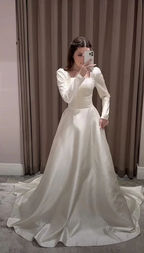 Modest A-line Square Neckline White Satin Wedding Dress Y6736 by simplepromdress