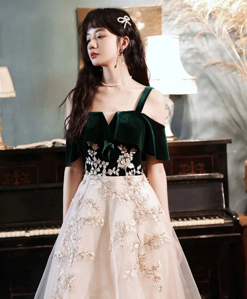 A-line Green Tulle Lace Long Prom Dress, Green Formal Evening Dress Y1928 by simplepromdress