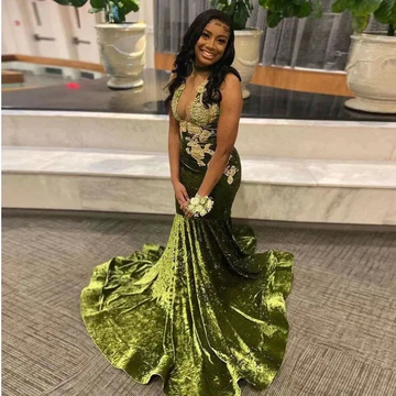 African Prom Dress For Black Girl Velvet Appliques Deep V Neck Sexy Mermaid Graduation Party Evening Dress Y6345 by simplepromdress