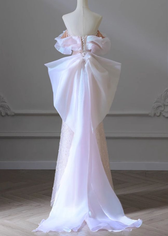 Pink A-Line Off-Shoulder Tulle Sequins Beaded Long Prom Dress Formal Evening Dress Y8050
