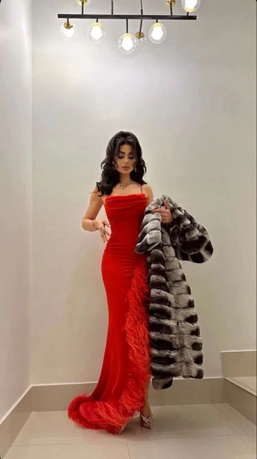 Sexy Mermaid Straps Red Prom Dress With Feathers,Long Evening Dress Y7901 by simplepromdress