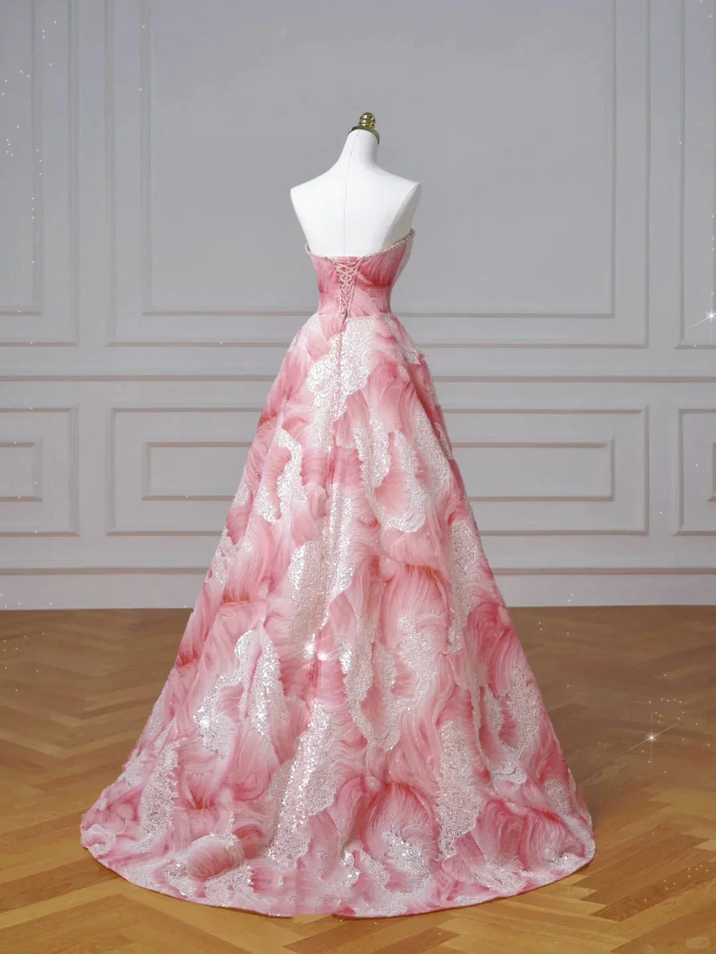 Dream Pink Strapless Satin Print Sequins Prom Dress Princess Birthday Ball Gown Y8604 by simplepromdress