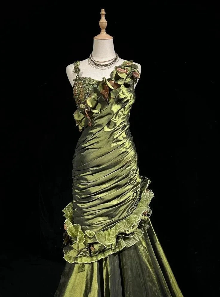 Vintage Dark Green Irregular Neckline Satin Beaded Evening Dress Ruched Mermaid Prom Dress Y8560 by simplepromdress