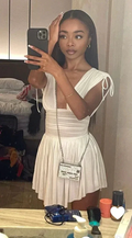 V-Neck Pleated Chiffon Mini Homecoming Dress Sleeveless Wrap Slim High Waist Party Dress Y7075 by simplepromdress