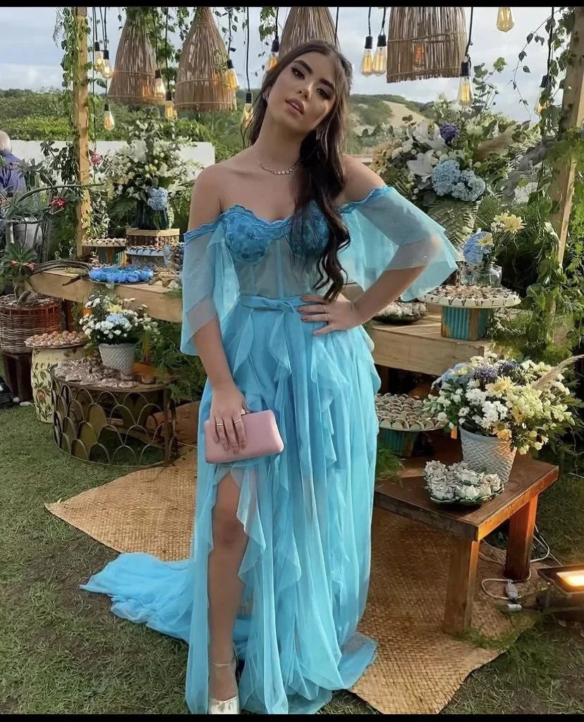 Off The Shoulder Blue Long Prom Dress,Charming Blue Evening Dress Y2395 by simplepromdress
