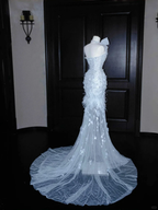 Dream Blue Tulle Beaded Appliques Long Prom Dress,Slit Mermaid Evening Dress Wedding Dress Y8668 by simplepromdress