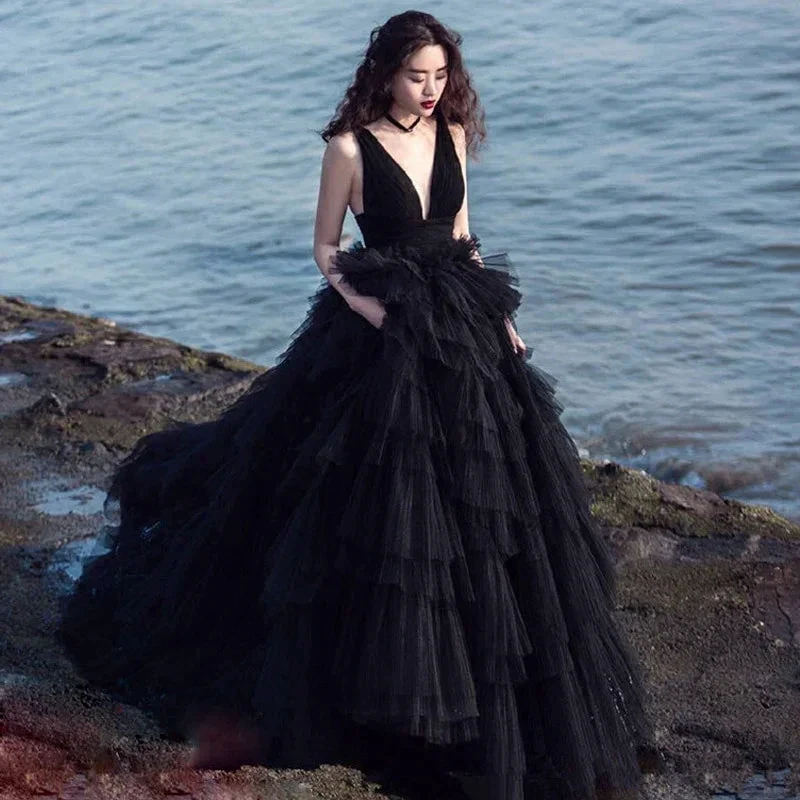 Stunning Gothic Backless Bridal Dress With Tulle Tiered Ball Gown Y76 by simplepromdress