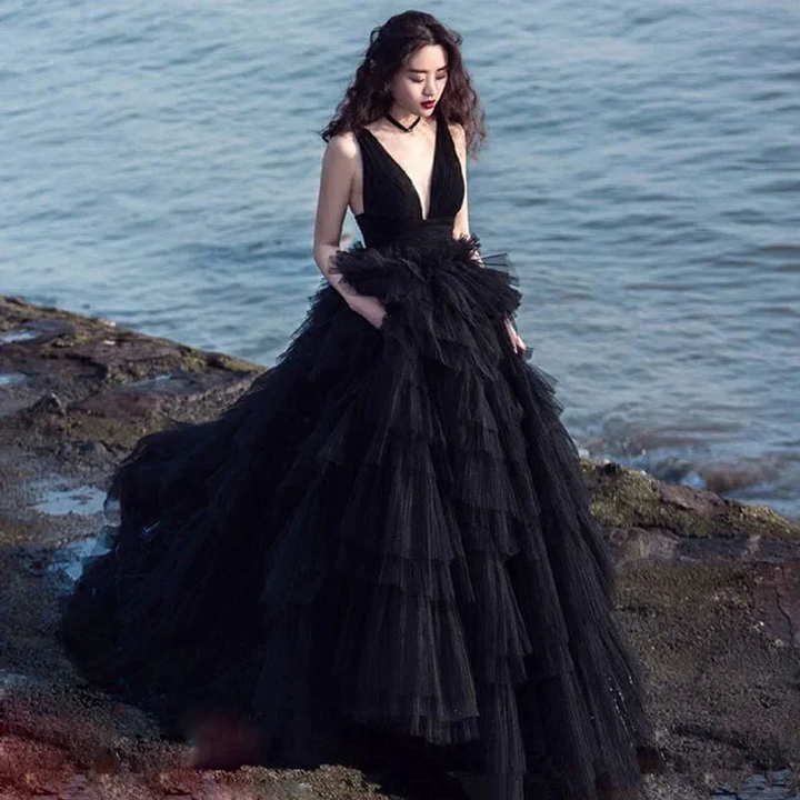 Stunning Gothic Backless Bridal Dress With Tulle Tiered Ball Gown Y76 by simplepromdress