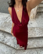 Burgundy Prom Dresses Deep V Neck Evening Dress Y7086 by simplepromdress