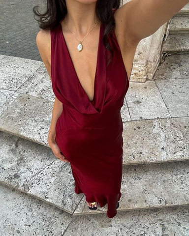 Burgunderrotes Ballkleid mit tiefem V-Ausschnitt, Abendkleid Y7086