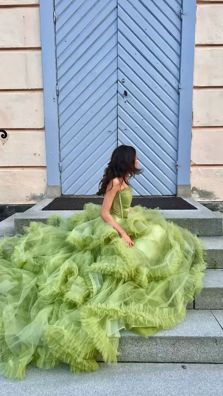 Green Tulle Long Prom Dresses, A-Line Formal Evening Dresses Y2029 by simplepromdress