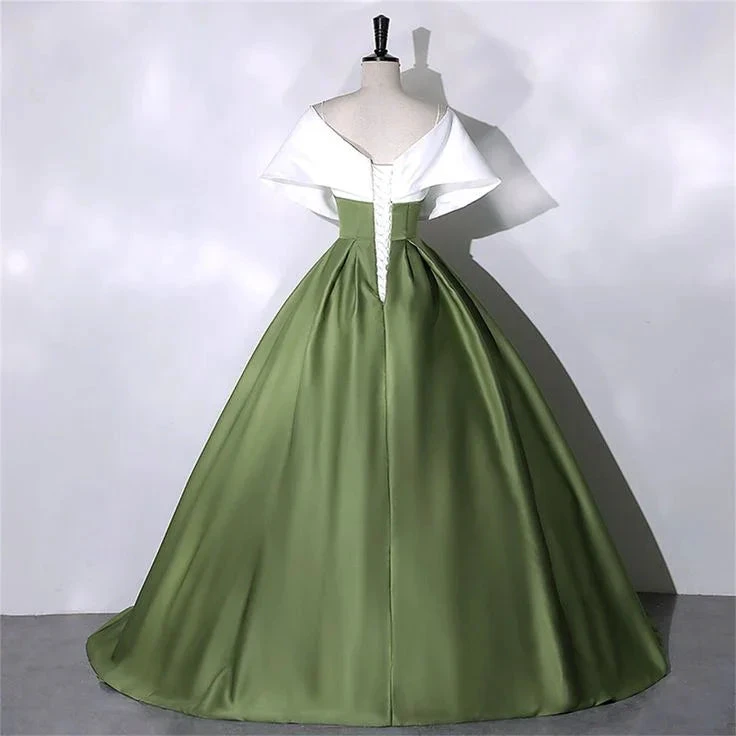Elegant green ball gown with off-shoulder white collar on mannequin, ZAPDRESS fashion